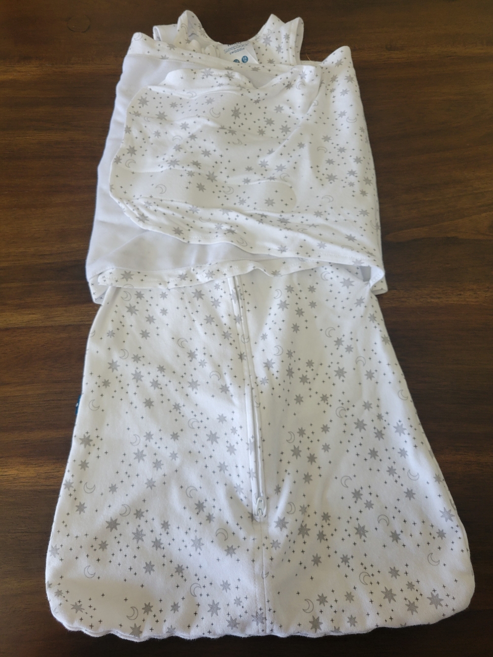 Halo White Baby Sleep Sack Swaddle with Gray Star & Moon Print. Used Once